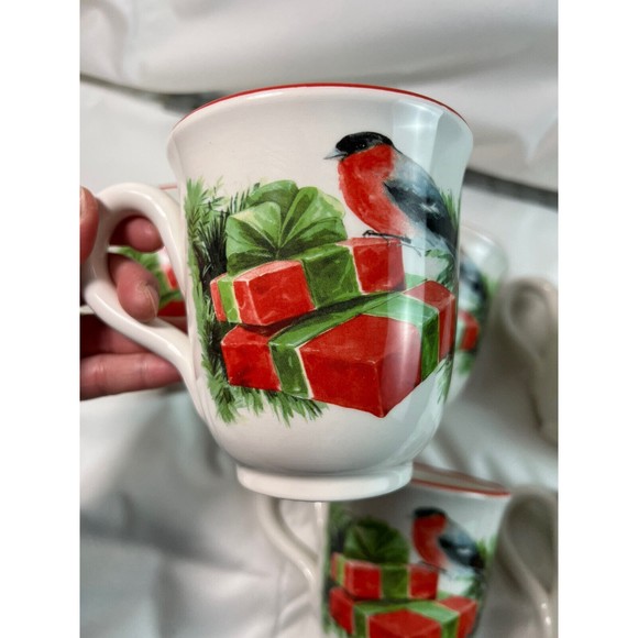 Sets/6 Ceramica Cuore Christmas Mug Red Breasted Bird & Presents Made in‎ Italy - Picture 2 of 7